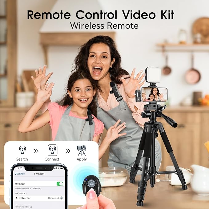 Vlogging Kit with Wireless Lavalier Microphone for iPhone, Android, YouTube Starter kit Content Creator Equipment with 60” Extendable Fullsize Tripod, Soft Light for Vlogging, YouTube, TikTok