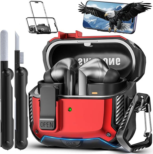 with Phone Stand for Samsung Galaxy Buds3 FE (2025) / Buds3 Pro (2024) / Buds 3 Case (2024),with Secure Lock Clip & Cleaning kit Full Body Shockproof Carbon Fiber Protection Design