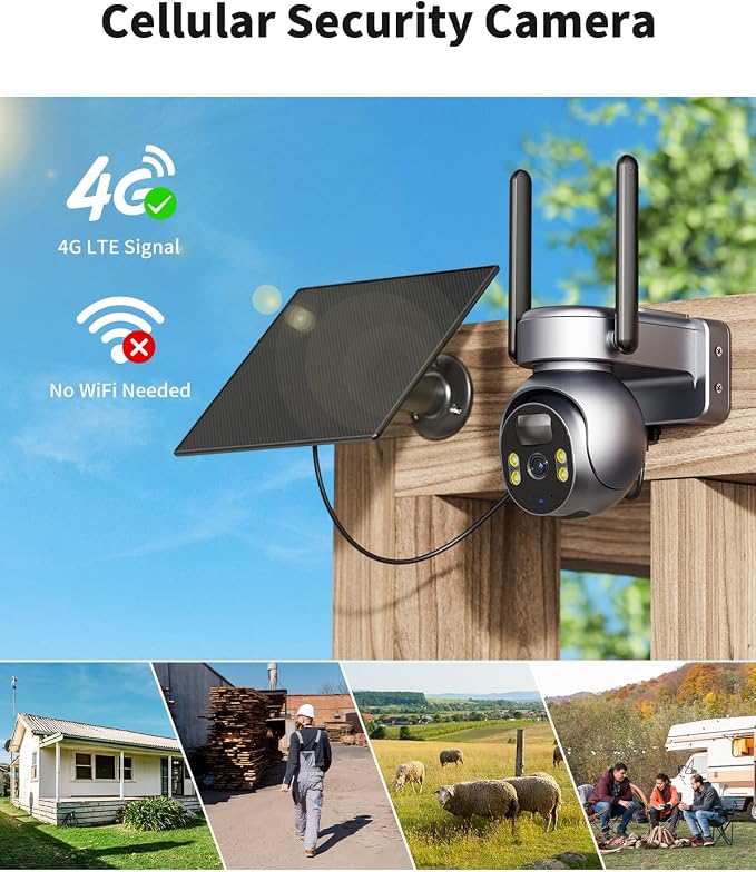 LIWAN No WiFi Security Camera, 4G LTE Cellular Security Camera, 2K Outdoor | Solar Powered Camera for Off-Grid Areas without WiFi, Built in SIM Card, Color Night Vision, PIR Motion Detection, 2 Way Talk