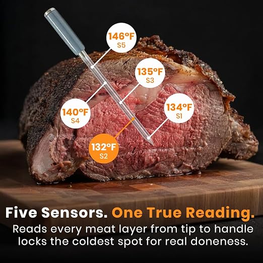 MeatStick V Forge 4-Probe Set Wireless Meat Thermometer – WiFi BBQ Thermometer with Wired Grate-Level Ambient Probe, 5 Sensors, 50+ Hr Battery, 1200°F, for Smokers & Pellet Grills
