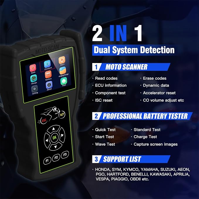 Motorcycle System Engine Diagnostic Test Tool M100 Pro Moto Scanner Code Readers Scan Tools Dual System Detection Moto Scanner+Battery Tester Multilingual with 16 Model Cables Standard Version