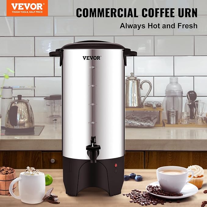 VEVOR Commercial Coffee Urn, 50 Cups/7.5L Stainless Steel Large Coffee Dispenser, 1000W 110V Electric Coffee Maker Urn For Quick Brewing, Hot Water Urn with Detachable Power Cord for Easy Cleaning