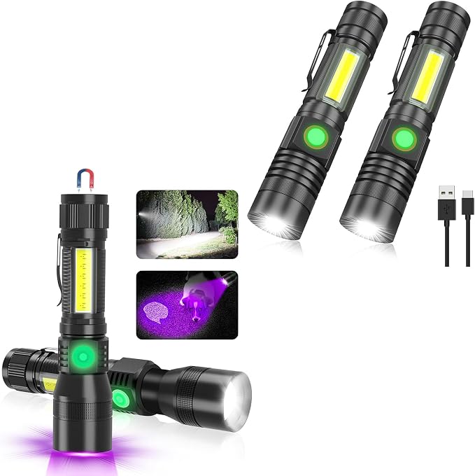 Rechargeable Tactical Flashlight, USB Magnetic Flashlights 1200 Lumen & 3 in 1 UV Rechargeable Flashlights 1000 High Lumens Black Light Flashligh