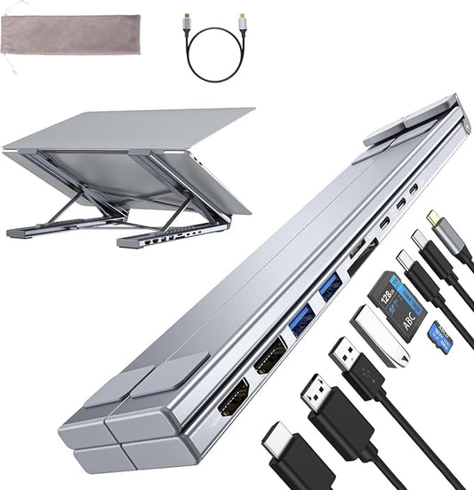 M93 Laptop Docking Station Dual Monitor Stand, 9 in 1 USB C Hub HDMI, DisplayPort 4K@60Hz, Portable Laptop Stand with USB Ports, Multiport Adapter USBC Dock Station Computer Holder (HDMI+DP)