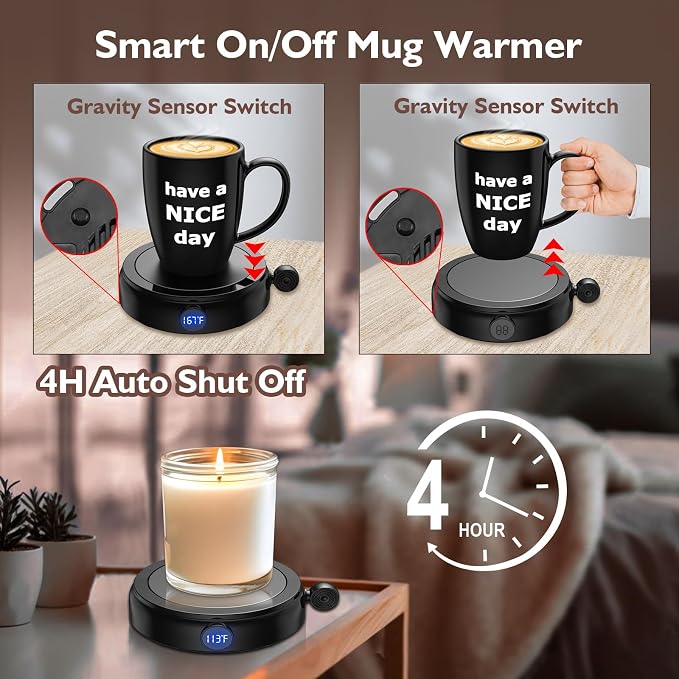 Coffee Mug Warmer & Mug Set, 60W Coffee Cup Warmer for Desk Home Office Use with 4-Temperature Settings, Auto On/Off Gravity-Induction, 14Oz Mug, Great Coffee Gift on Christmas/Birthday, 2025 Upgrade