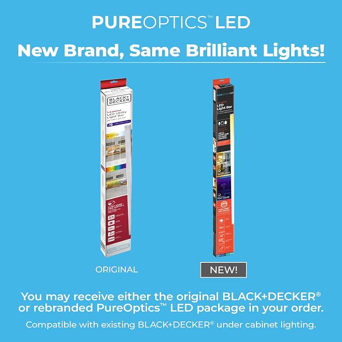 PureOptics LED Professional Push Wire® Under Cabinet Light Bar, Add-on, Plug-in or Hardwire Compatible, Adjustable White and RGB LED, for Utility Light, Closets, Garage, Pantry, (1) 24" Bar