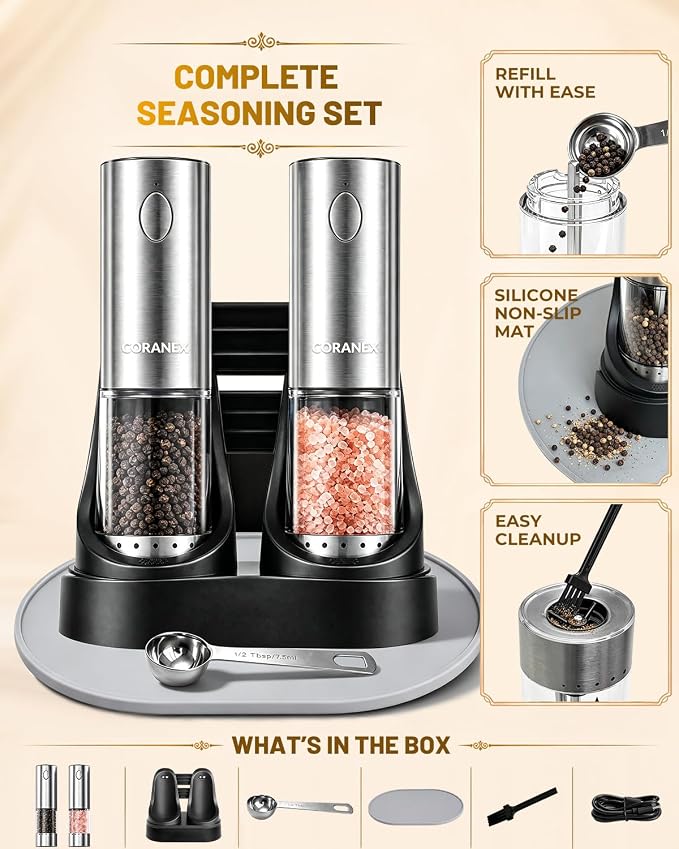 Upgraded Electric Salt and Pepper Grinder Set, USB Rechargeable Automatic Mill with Adjustable Coarseness, Premium Housewarming Gift