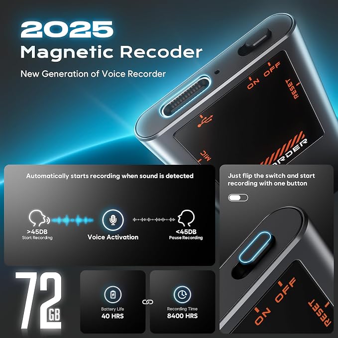72GB(7000Hrs) Magnetic Voice Activated Recorder, Digital Voice Recorder with DSP 5.0-AI Noise Reduction for Lectures Meeting, Smart Tape Dictaphone Recording Device, Playback, Classes, Interviews