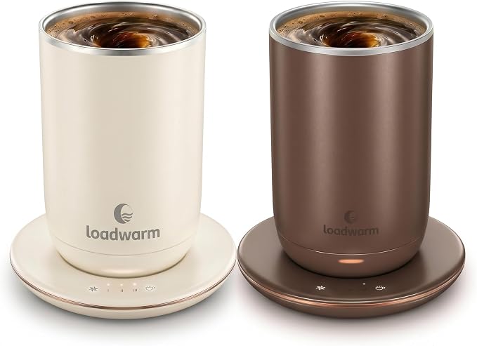 Self Heated Stirring Coffee Mug Set of 2, 10oz Cup with Warmer, BrownWhite | 3 temp settings, stainless steel interior, 8-hour auto shut-off, plug-in desk mug with Warmer gift set for office home