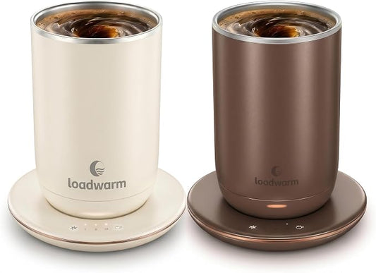 Self Heated Stirring Coffee Mug Set of 2, 10oz Cup with Warmer, BrownWhite | 3 temp settings, stainless steel interior, 8-hour auto shut-off, plug-in desk mug with Warmer gift set for office home