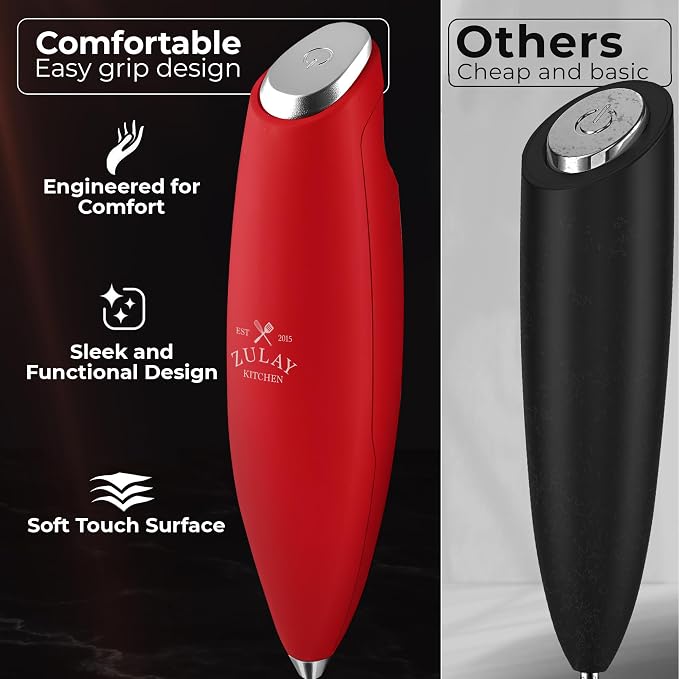 Zulay Kitchen Powerful Milk Frother Wand With Duracell Batteries - Ultra Fast Handheld Drink Mixer - Electric Whisk Foam Maker for Coffee, Lattes, Cappuccino & Matcha - Triple Whisk - Maroon Red