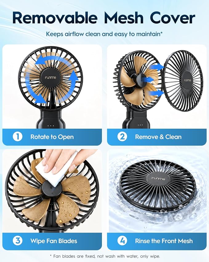 Funme Portable Handheld Fan, 53H Max Cooling Time Travel Fan, 10000mAh Personal Fan with Power Bank, 4 Speeds Rechargeable Fan, Handheld/Foldable 180° Design for Desk/Travel/Office/Outdoor - Black