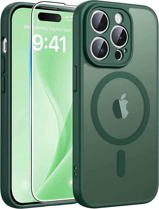 FNTCASE for iPhone 15 Pro Max Case: [Compatible with Magsafe] Translucent Matte Cases with [Full Camera Protection] [Screen Protector] Military Grade Shockproof Protective Phone Cover - Green