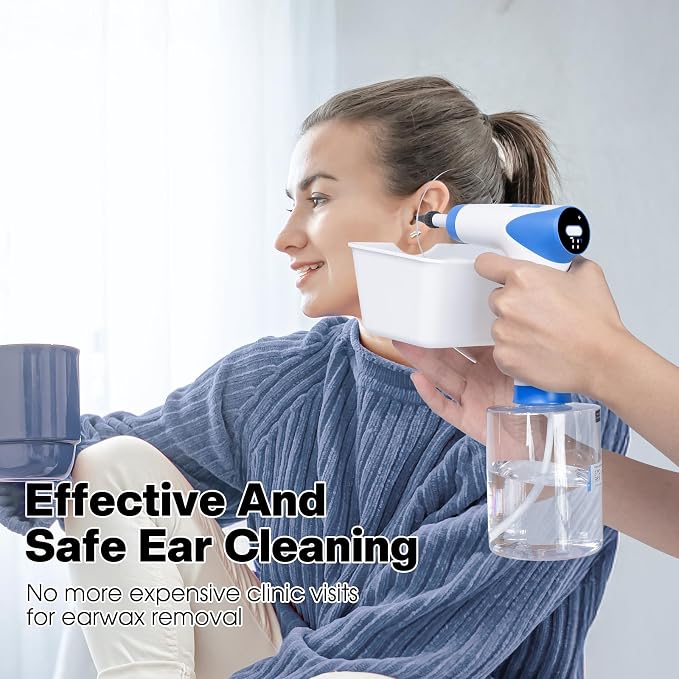 Ear Wax Removal, Electric Ear Cleaning Kit with Light, Ear Irrigation Kit with 4 Pressure Modes, Safe and Effective Ear Flush Kit with Ear Cleaner - Includes Basin, Towel & 12 Tips, (White)