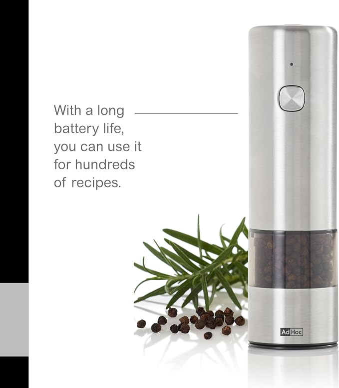 AdHoc Electric Salt & Pepper Grinder - One-Button Operation - Uses SilentDrive for Quiet Operation - Battery Powered - Mill with CeraCut Ceramic Grinders - Mini
