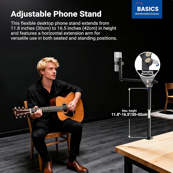 NEEWER Basics Overhead Phone Mount Holder Stand, Metal Desk Tripod Camera Rig Compatible with iPhone Android Samsung for Cooking Makeup Drawing Vlogging Live Streaming Filming Video Recording, ST013