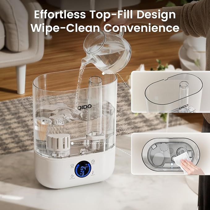 QIDO Top Fill Humidifiers for Bedroom, 5 L Cool Mist 36H Super Long Time, Quiet 28dB Essential Oil Diffuser for Baby & Plants, 3 adjustable Mist with Touch/APP/7-color Nightlight, White