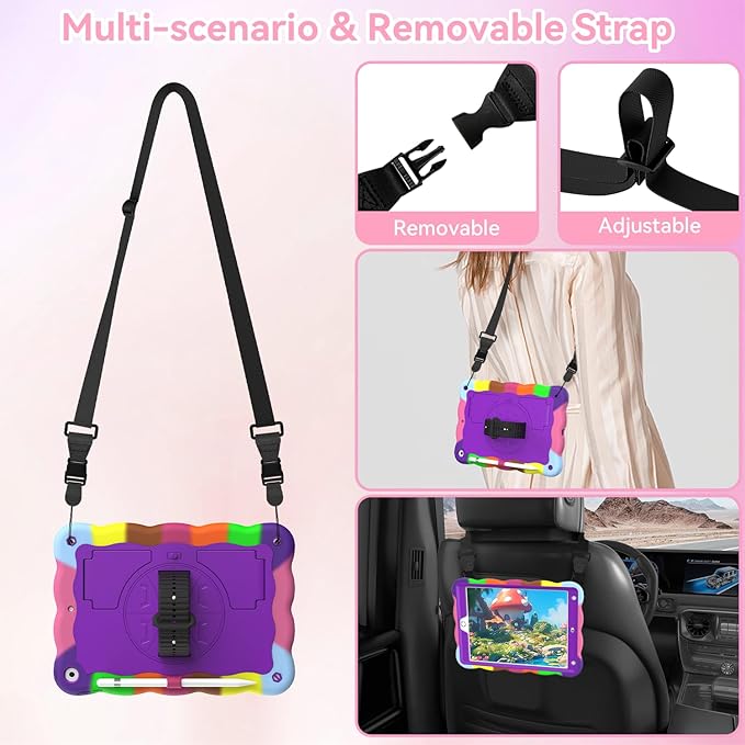 ZoneFoker Case for iPad 9th Generation Case / 8th Gen / 7th Gen 10.2 Inch 2021 2020 2019, Heavy Duty Cover with Pencil Holder [360° Rotate Strap] & Stand, Camouflage Purple