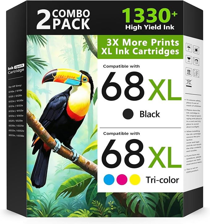 68XL 68 Ink Cartridges Black/Color Combo Pack Compatible for HP68 68 XL 68 Ink Cartridges for HP Printers Replacement for HP Ink 68 68e for Envy 6155e 6100e 6152e 6500e 6552e 6555e 6558e