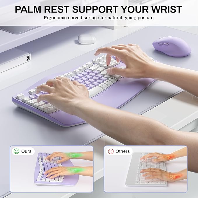 Wireless Keyboard and Mouse Combo,2.4G Full Size Wave Keys Ergonomic Keyboard with Wrist Rest for Natural Typing, 3 DPI Adjustable Ergonomic Mouse for Computer/Laptop/Windows/Mac (Purple & White-A)