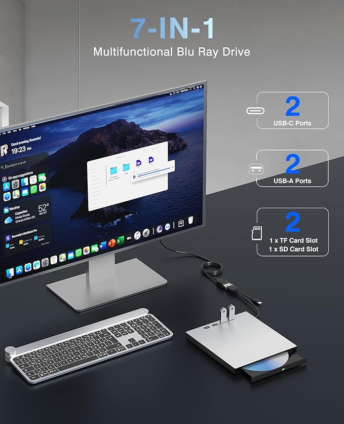 External Blu ray Drive for Laptop Blu Ray Burner External Blueray/dvd Drive for PC USB 3.0 Type-C Support 100G BD Disc Drives Portable Bluray DVD Player CD Reader Compatible with Windows Linux Mac OS