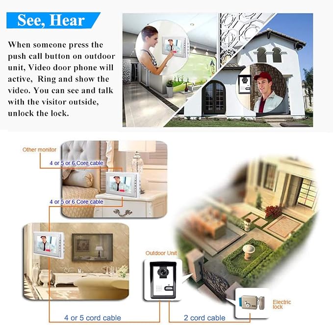 Wired Video Intercom Doorbell System 7 Inches LCD Monitor Video Door Phone Kits Support Monitoring,Unlock,Dual-Way Door Intercom for Villa Apartment Home Security Systems Indoor Outdoor