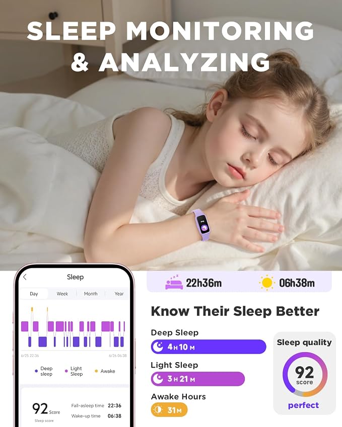 BIGGERFIVE Vigor 3 Kids Fitness Tracker Watch, AMOLED Screen, No App No Phone Needed, 3ATM Waterproof, Heart Rate and Sleep Monitor, Pedometer Watch, Sports Step Counter for Girls Ages 5-15, Lilac