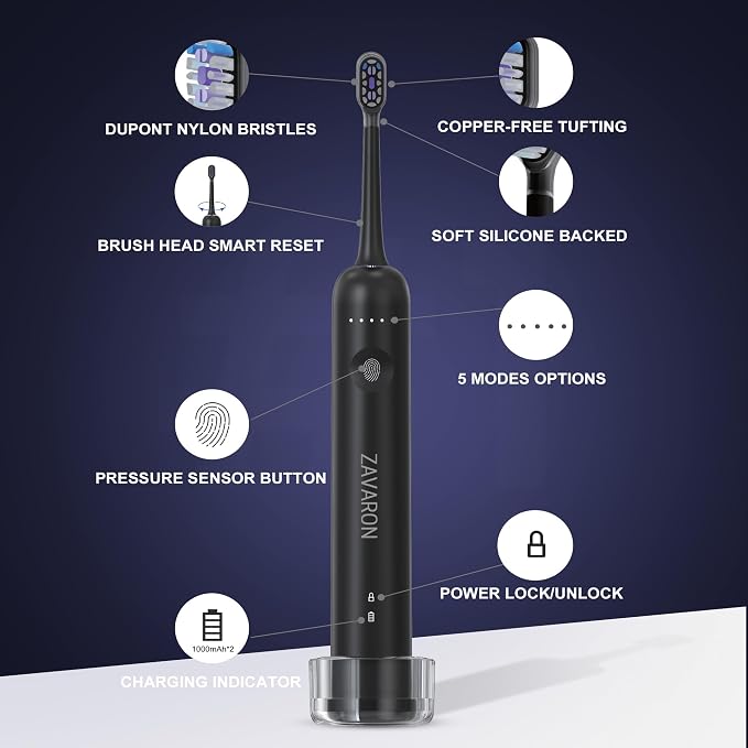 Sonic Electric Toothbrush for Adults – Oscillation & Vibration Rechargeable Power Toothbrush with 5 Modes, 6 Brush Heads & Travel Case - 30+ Days Battery Life IPX7 Waterproof- 2Min Smart Timer