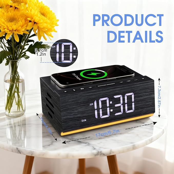 Hoifen Wooden Digital Alarm Clock with Wireless Charging, Bluetooth Speaker & FM Radio, Dual Alarms, Night Light, Dimmable Display, USB Port, 9-Min Snooze – Bedside Clock Home Decor Gift (Black)