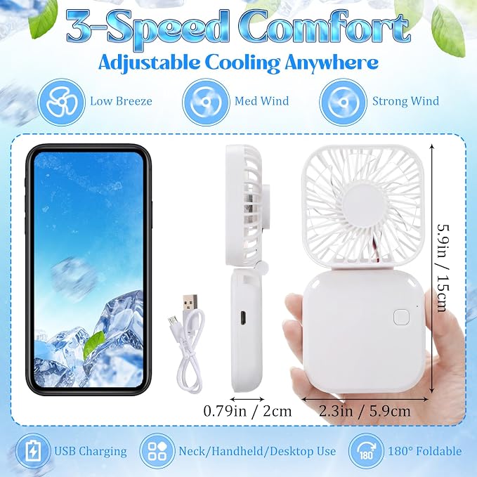 Hortsun 12 Personal Necklace Fan 12 Cooling Towels USB Rechargeable Battery 3 Speed Handheld Fan Portable Neck Hanging Fans Cooling Rags Bulk for Yoga, Sport, Camping, Fitness(White)