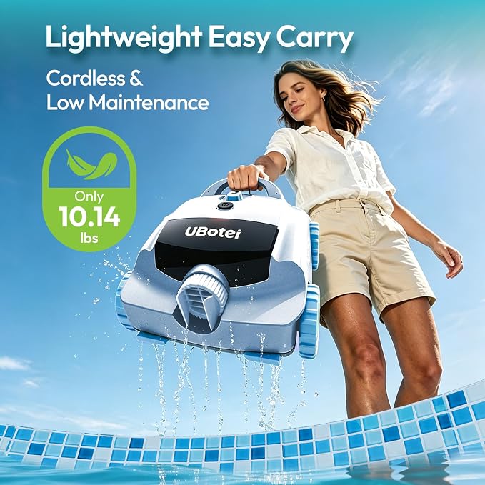 Cordless Robotic Pool Vacuum UBoter E10, Dual-Layer Filtration, Powerful Edge Corner Cleaning, 120–150 Mins Runtime, Auto Parking, No Debris Leakage, for Above Ground Flat Bottom Pools Up to 860 Sq.Ft