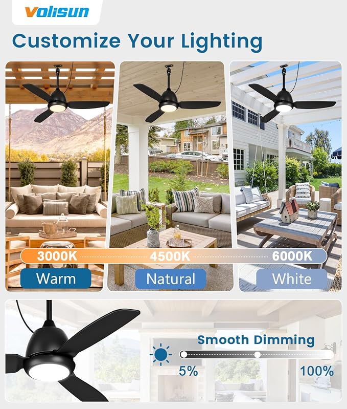 VOLISUN Outdoor Ceiling Fans with Light for Patios, 42in Weatherproof Plug in Ceiling Fan, 3CCT Dimmable Gazebo Ceiling Fan Remote&APP Control, Black Caged Ceiling Fan for Porch, Pergola,Canopy