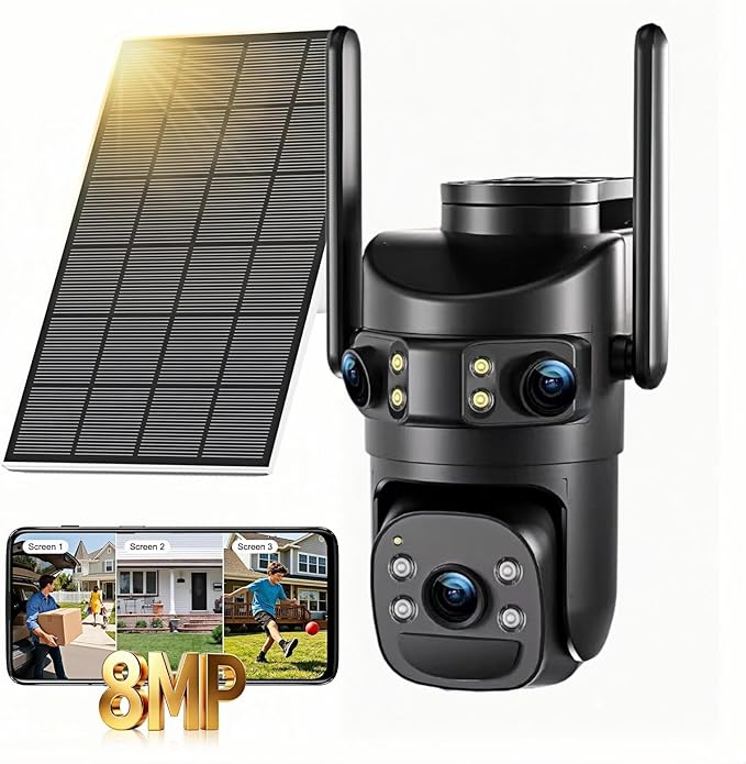 8MP 6K Triple Lens Solar Security Camera Outdoor, 5GHz/2.4GHz WiFi Wireless PTZ Camera, Color Night Vision, Auto Human Tracking, Two-Way Audio,IP66 Weatherproof Home Surveillance Cam