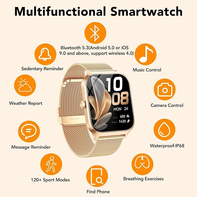 Smart Watch for Women with Bluetooth Calling, Fashion Fitness Tracker, 1.85" HD Touch Screen, AI Voice Assistant, Heart Rate Sleep Monitor, 120+ Sports Modes, Compatible with Android iPhone, 2 Bands