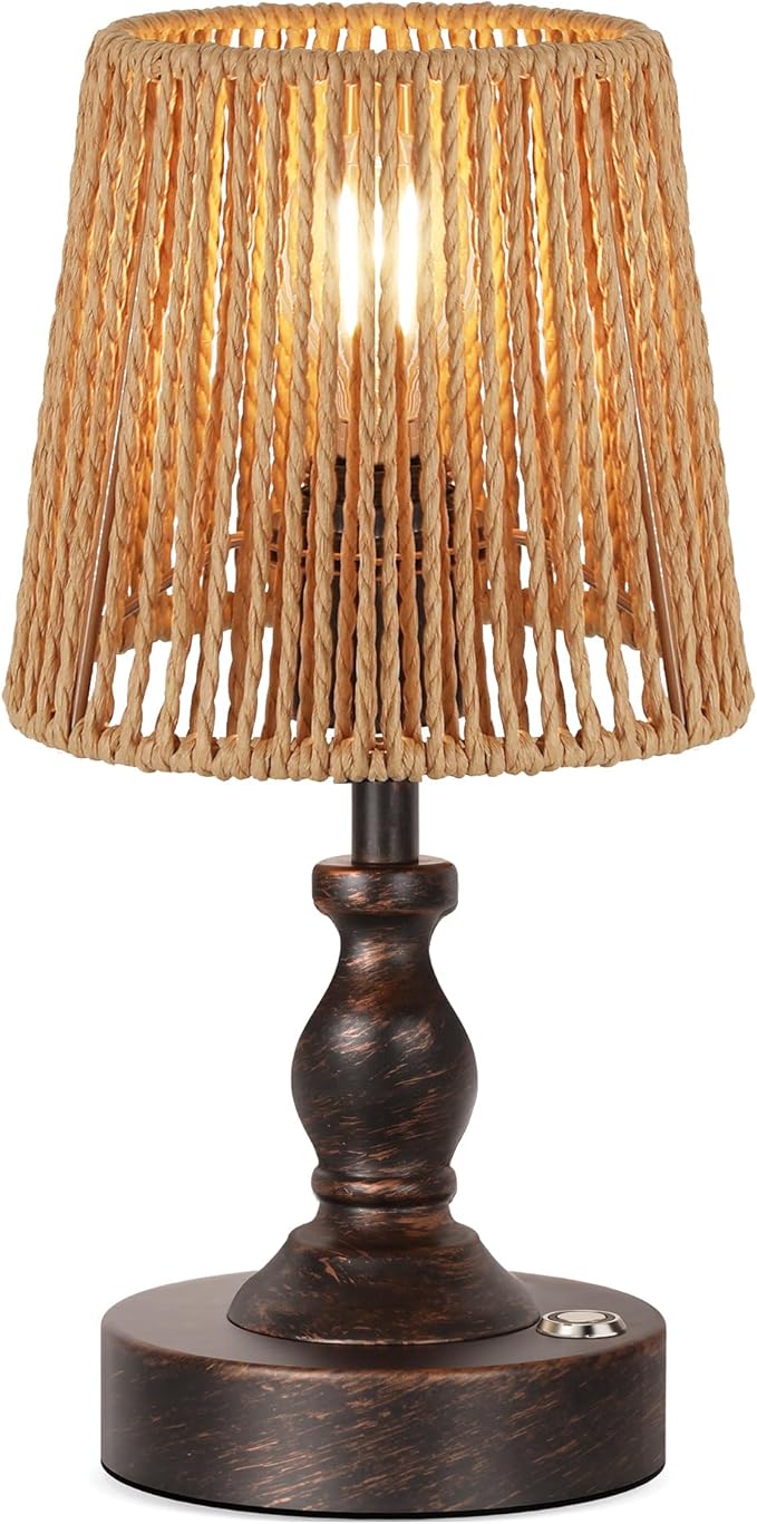 PARTPHONER Mini Cordless LED Table Lamp, 5200mAh Rechargeable Battery Operated Lamp, 3-Level Brightness, Touch Dimmable Desk Lamp, Bedside Night Light with Rattan Shade, Oil Rubbed Bronze