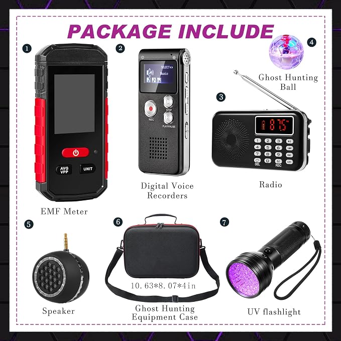Dunzy 8 Pcs Ghost Hunting Equipment Kit, Include 1 Emf Meter 1 EVP Voice Recorders 1 Spirit Ghost Hunting Research Case 1 Flashlight 1 Speaker 2 Motion Light up Cat Balls 1 Radio(Emf Meter 4, Radio 1)