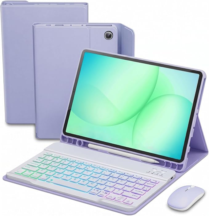 Keyboard Case for Samsung Galaxy Tab A11 Plus 11 Inch 2025/ A9+ Plus 2023 Tablet, Detachable Rainbow Backlit Wireless Keyboard and Mouse, Slim Stand Cover with S Pen Holder (Purple)