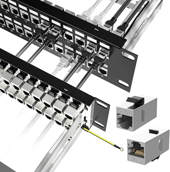 Jadaol [UL Listed] 48-Port Shielded Cat6A Patch Panel, 19” 2U Rackmount/Wall Mount Feed-Through RJ45 Panel with 48 Preloaded Shielded Keystone Couplers + 2 Spare, Up to 10Gbps, Cable Management Bar