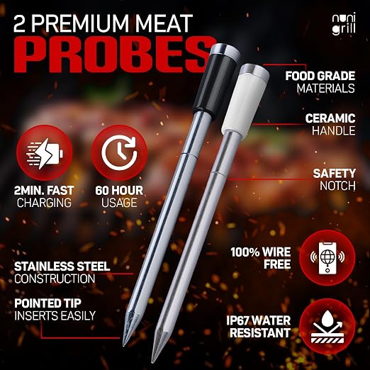 Smart Wireless Meat Thermometer- Digital Meat Thermometer for Smoker, Grilling & Oven Smartphone App Digital Meat Thermometer Wireless, 200ft Range, Rechargeable (Two Probes)