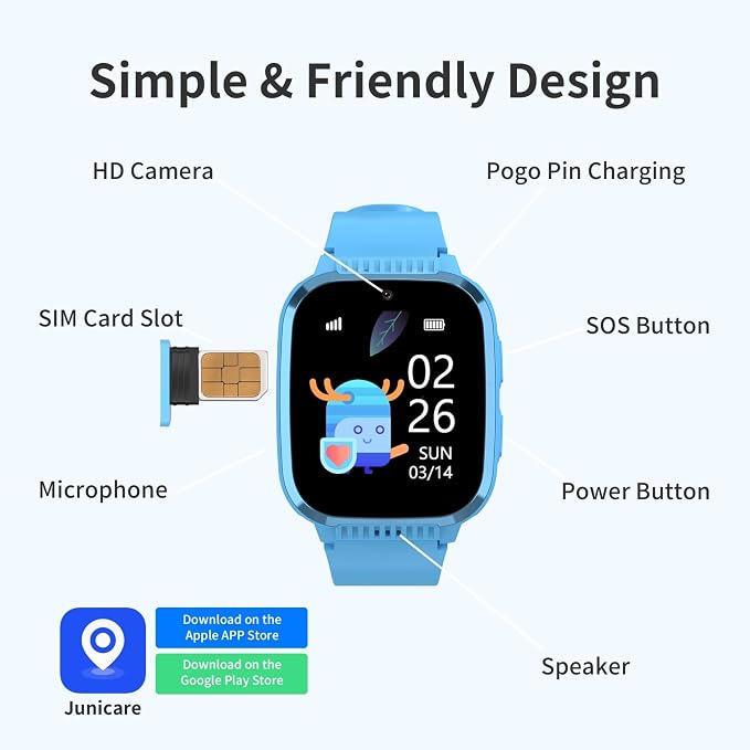 4G Kids Smart Watch Boys with GPS Tracker & Call Phone, Watches for Kids Age 5-12 with SOS Calling, School Mode Parental Controls 12/24 Hr Text Message HD Video Call Voice Chat (Light Blue)