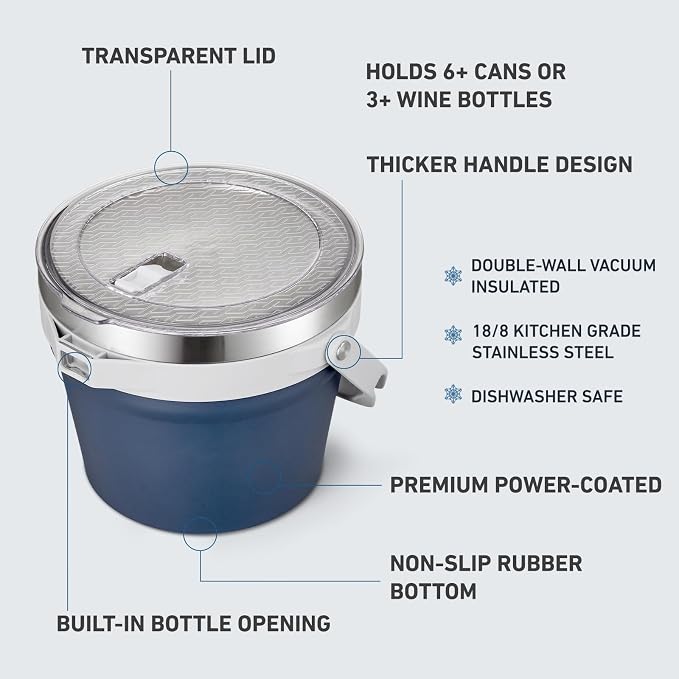 COKTIK 7L Insulated Ice Bucket with Lid，Double Wall Vacuum Stainless Steel Beverage Bucket Keeps Frozen Longer，Holds 6 Longnecks or 3 Bottles of Wine，for Cocktail, Champagne(No Accessories, Navy)