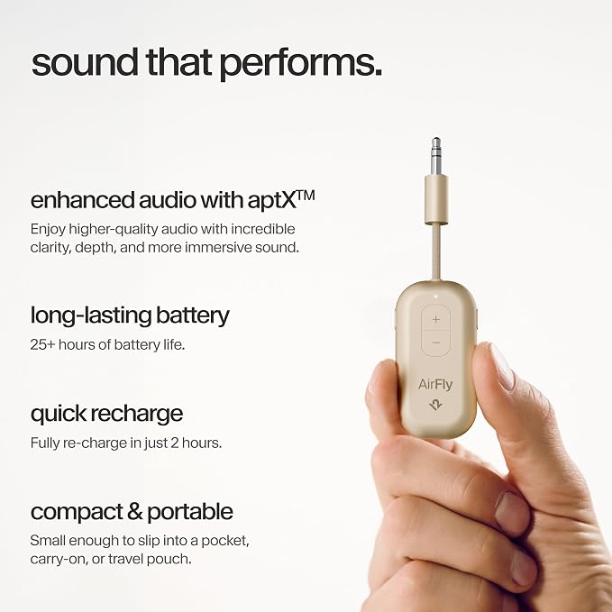 Twelve South AirFly Pro | Bluetooth Wireless Transmitter/Receiver Adapter for 2 Headphones, Audio Sharing, Compatible with 3.5mm aux Jack for Airplanes, TV, Gym, Stereo, and Travel, Gold
