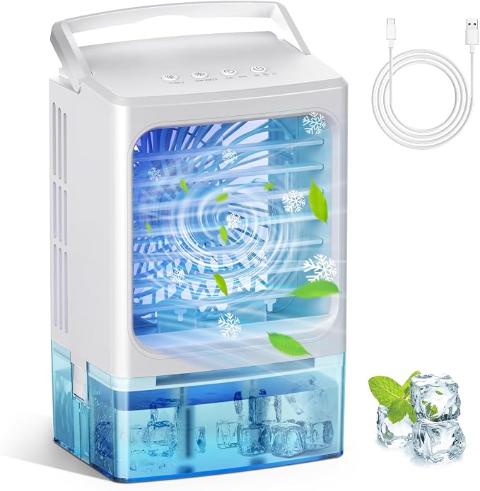 Portable Air Conditioners, 3 Speeds 2 Mist Modes Portable AC Unit with 900ml Water Tank,7-Color Lights Evaporative Cooler Blow Cold Air, Mini Car Cooling Fan for Bedroom RV Desk Office Indoor