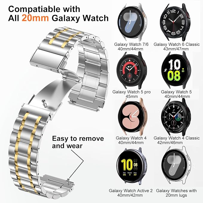 SUPLINK Band Compatible with Samsung Watch 7 6 5 4 40mm 44mm Bands, for Galaxy Watch 5 Pro 45mm/Galaxy Watch 4 6 Classic 42mm 46mm 43mm 47mm/Watch 3,20mm Metal Replacement for Men Silver Gold