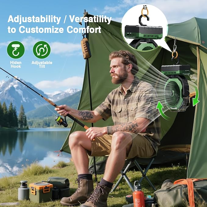 Portable Misting Fan, 36000mAh Rechargeable Battery Powered Camping Fan with 460ml Tank & 6.6ft Mist, 4 Speeds 2 Light Modes for Outdoor Patios Travel Jobsite Beach Summer Essentials - Green