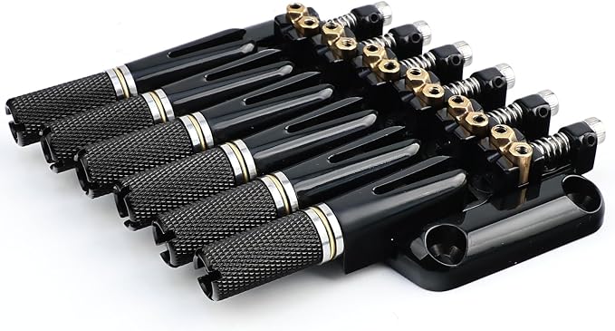 Fanned-fret 6 String Headless Guitar Bridge 10.5mm Headless Fixed Bridge -Brass Saddles Zinc Alloy Plate, Easy Installation/Adjustment, Fits Most 6-String Headless Electric Guitars Black