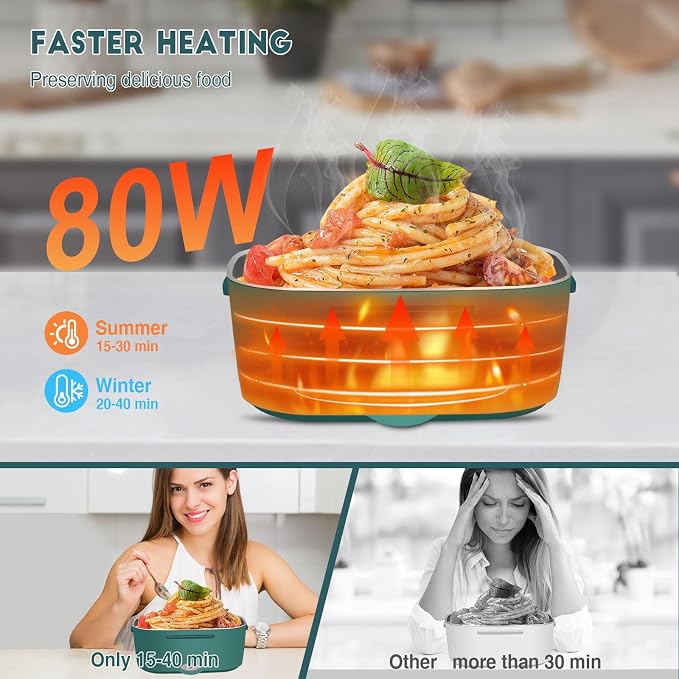LAVAED Food Heater Electric Lunch Box for Adults 80W Fast Heating 2 in 1 Portable Heated Lunchbox Warmer for Car/Truck/Office/Outdoor, BPA Free