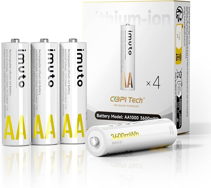 imuto Rechargeable aa Batteries, 3600mWh aa Lithium Batteries 4 Pack, 1.5V 2A Output Double a Battery, 2500+ Cycle Life