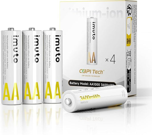 imuto Rechargeable aa Batteries, 3600mWh aa Lithium Batteries 4 Pack, 1.5V 2A Output Double a Battery, 2500+ Cycle Life
