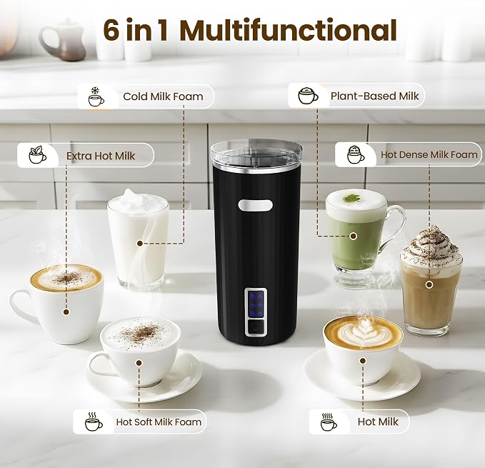 Kismile Milk Frother, 6-in-1 Electric Milk Steamer with Stainless Steel Inner Tank，Automatic Warm and Cold Foam Maker for Latte, Cappuccinos, Macchiato(Black)